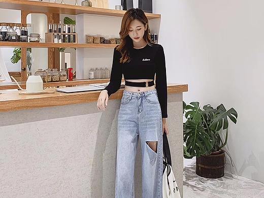 模特丝丝休闲裤 阔腿裤 破洞裤 外景拍摄 广州裤子摄影