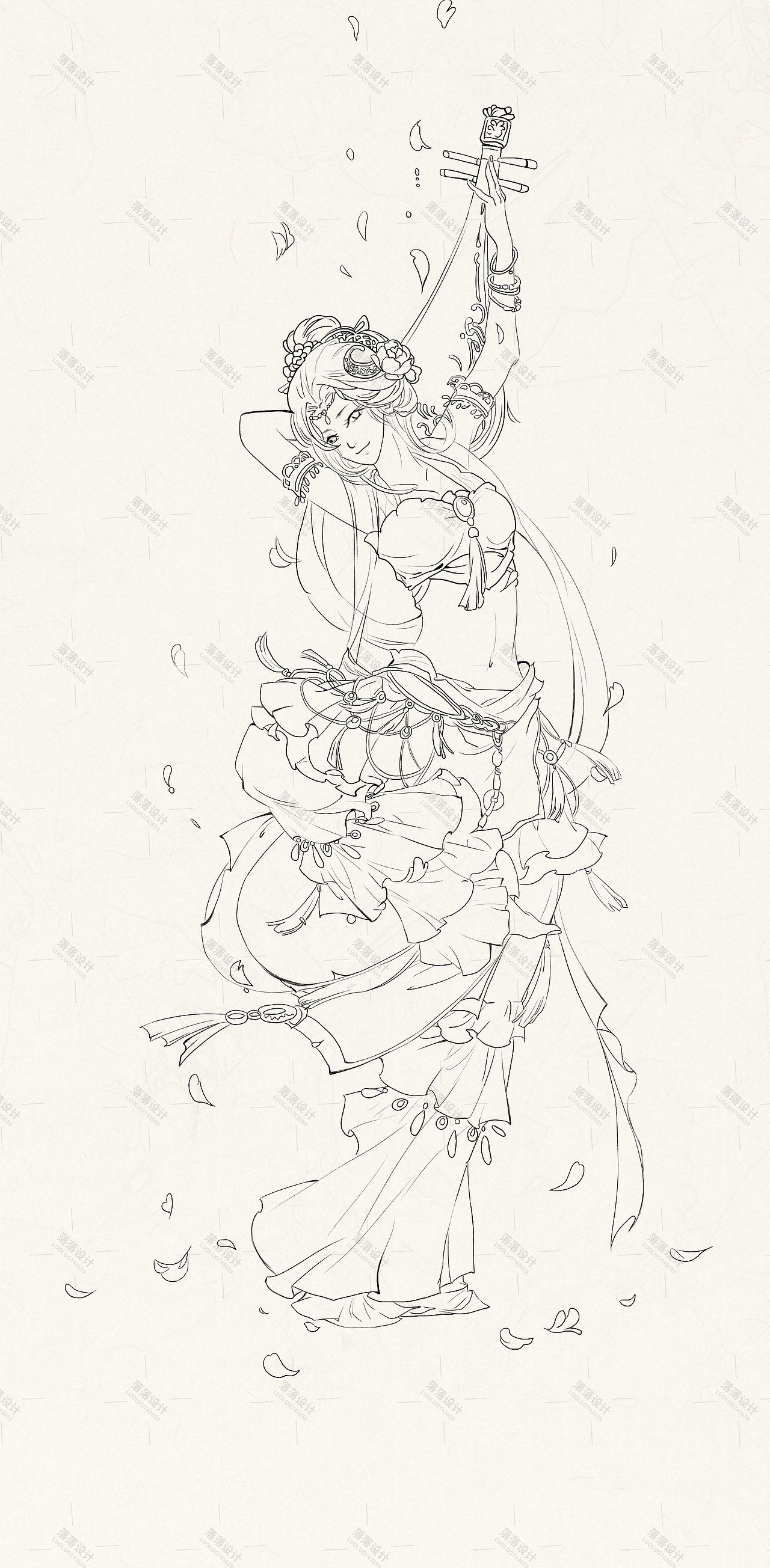 手绘线稿,犹抱琵琶半遮面,杨玉环小姐姐.