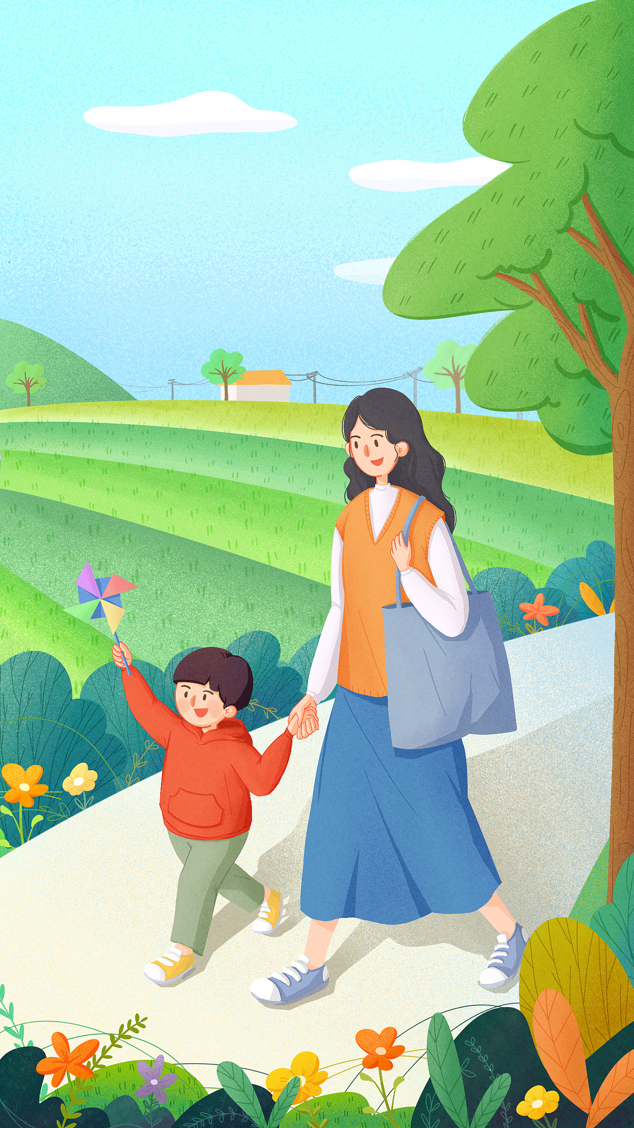 三月
用发出新芽的稻田以及路边朝气蓬勃的花草来提现月份特色。母亲和小朋友快乐的春游，即贴合三月份妇女节，又符合三月立春的节气氛围