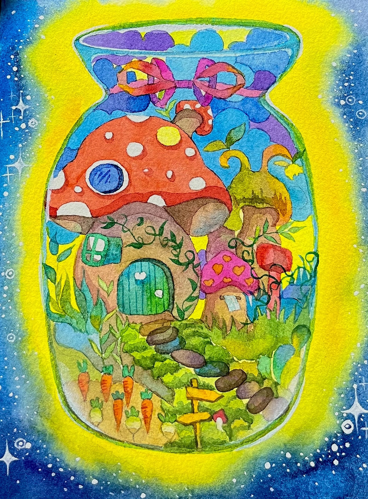儿童插画《瓶子中的蘑菇屋》