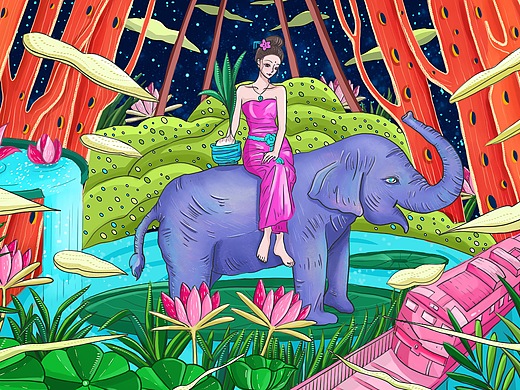 超现实卢梭画风云南西双版纳旅游插画