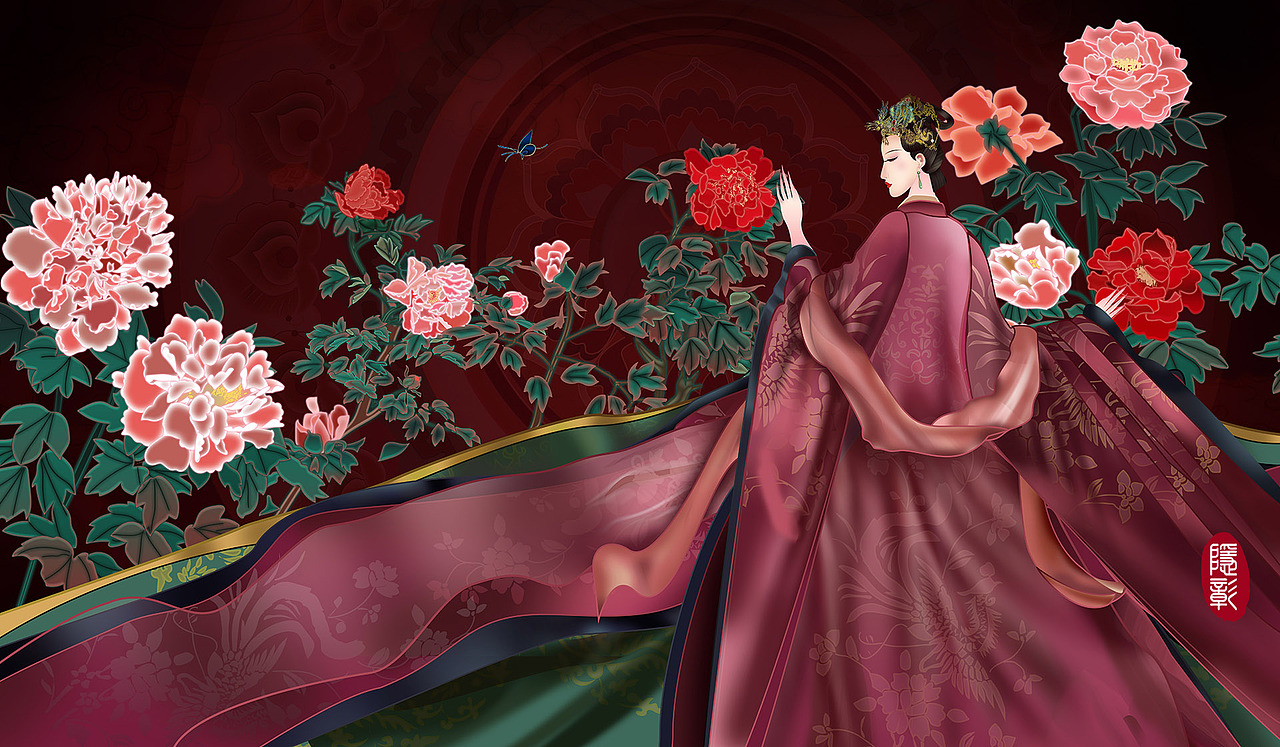 古风手绘《凤穿牡丹》富贵吉祥图案