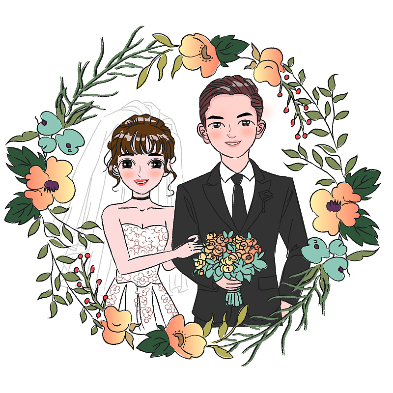 新人新郎新娘卡通小人临摹练习插画