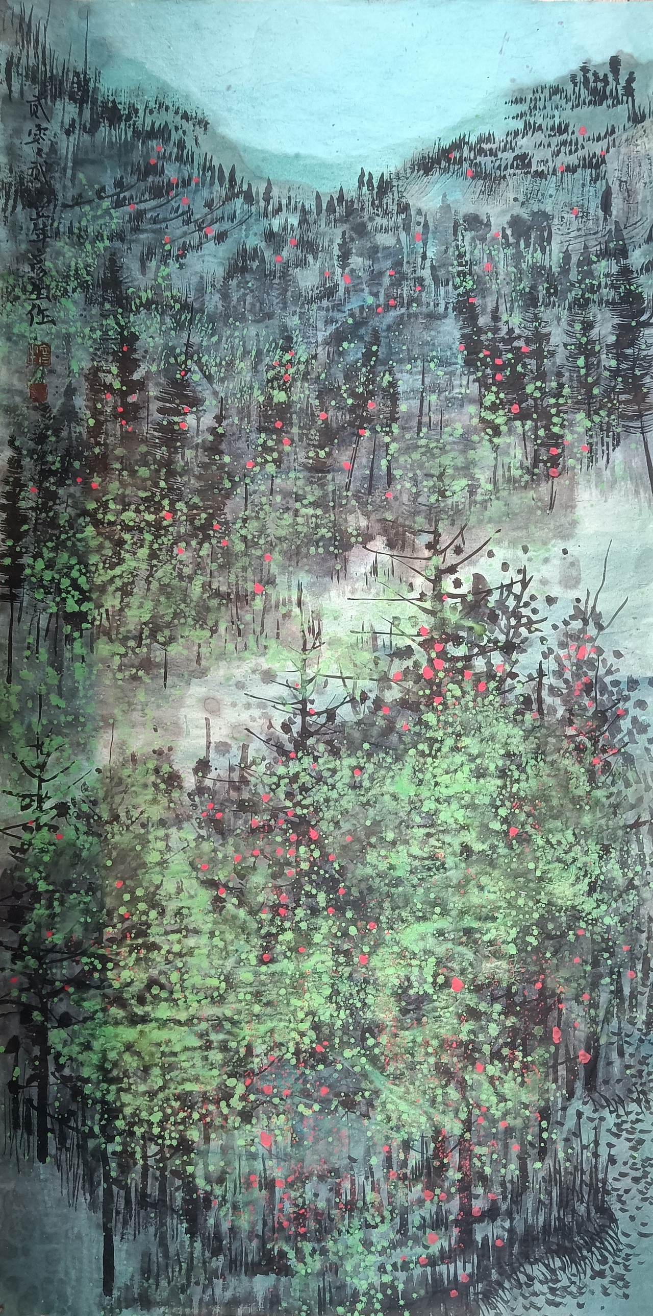 《万顷岚光里》宣纸设色,软片,135*35厘米