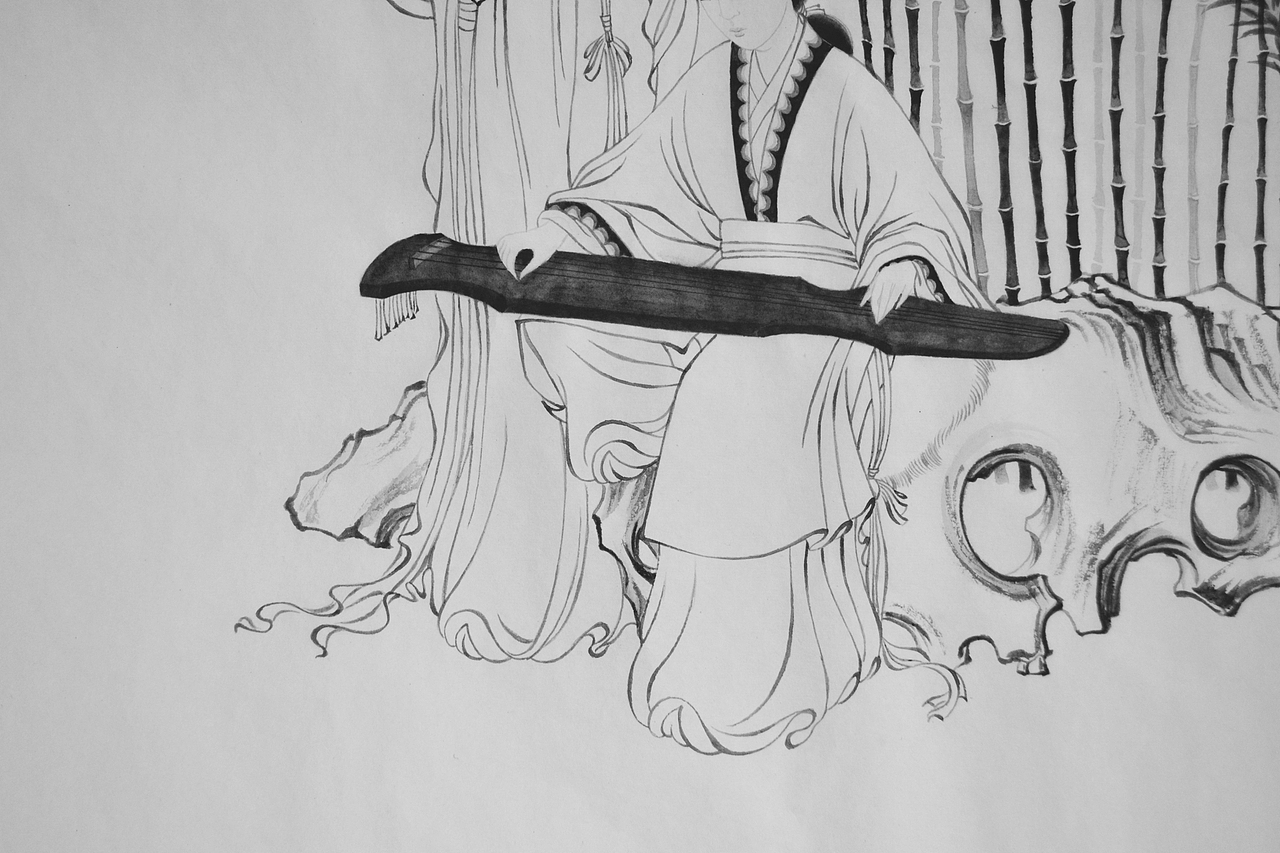 国画工笔白描仕女修竹