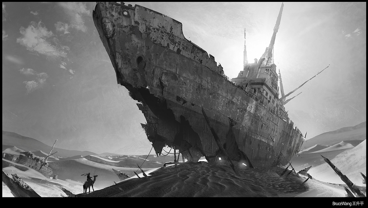 [黑白value场景起稿练习]——沙漠沉船