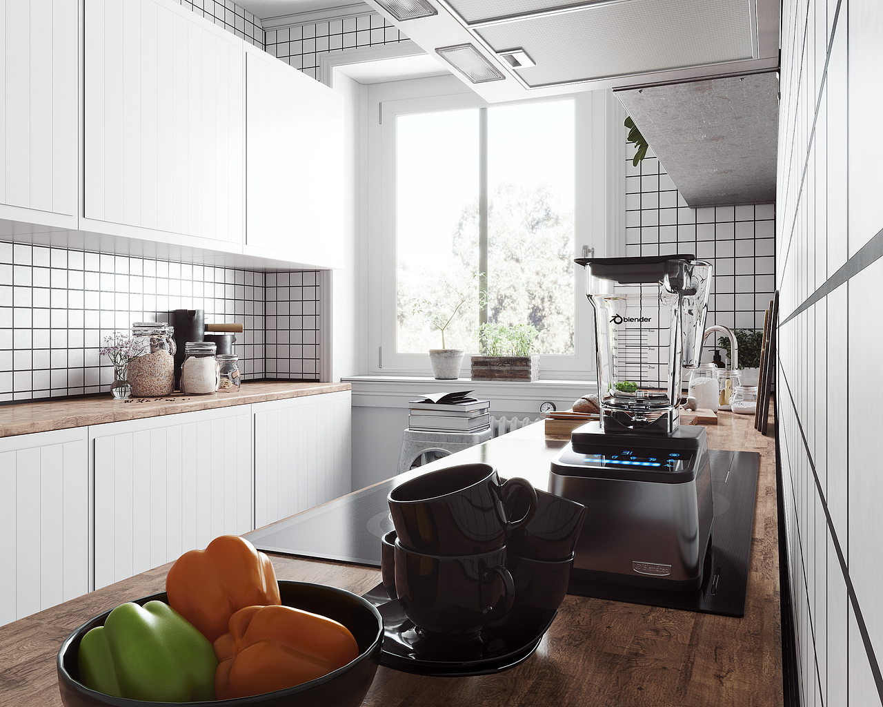 被线条勾勒的白色厨房