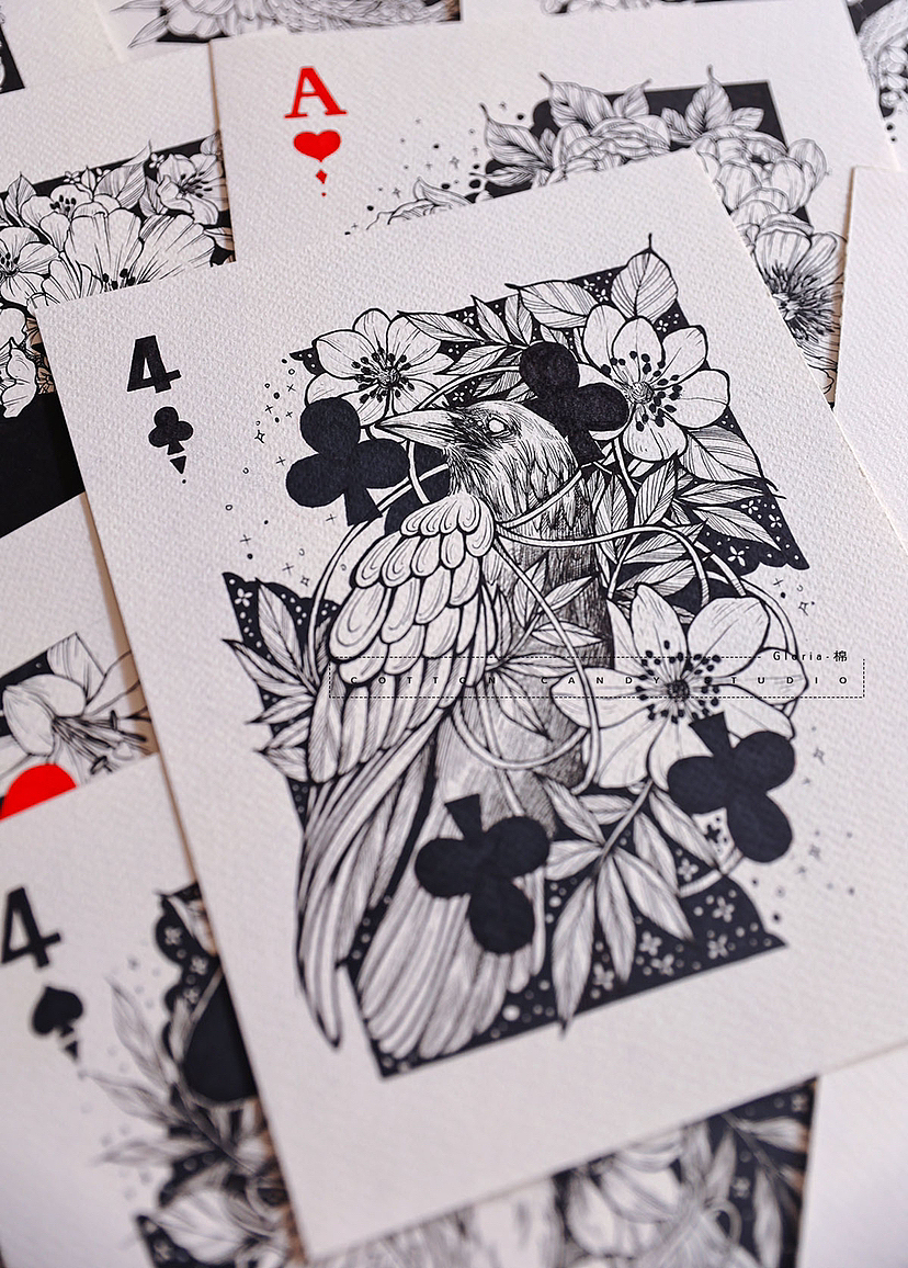 线描装饰画｜手绘一套扑克牌——第16张♣️4（图ZMzE5OTg3NzQ0） - 绘画 - 站酷设计师棉花糖Gloria原创素材 - 站酷ZCOOL