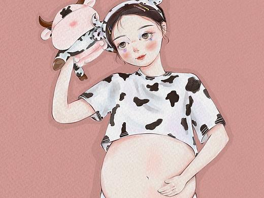 原创procreate手绘水彩孕妇照  可可爱爱奶牛系列