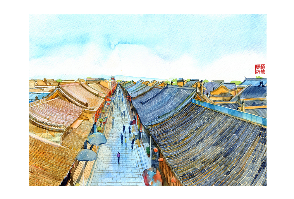 手绘城市山西平遥