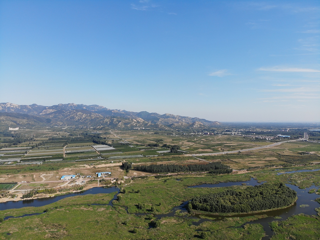 泰安大汶河湿地公园 北集坡湿地公园航拍美丽风景