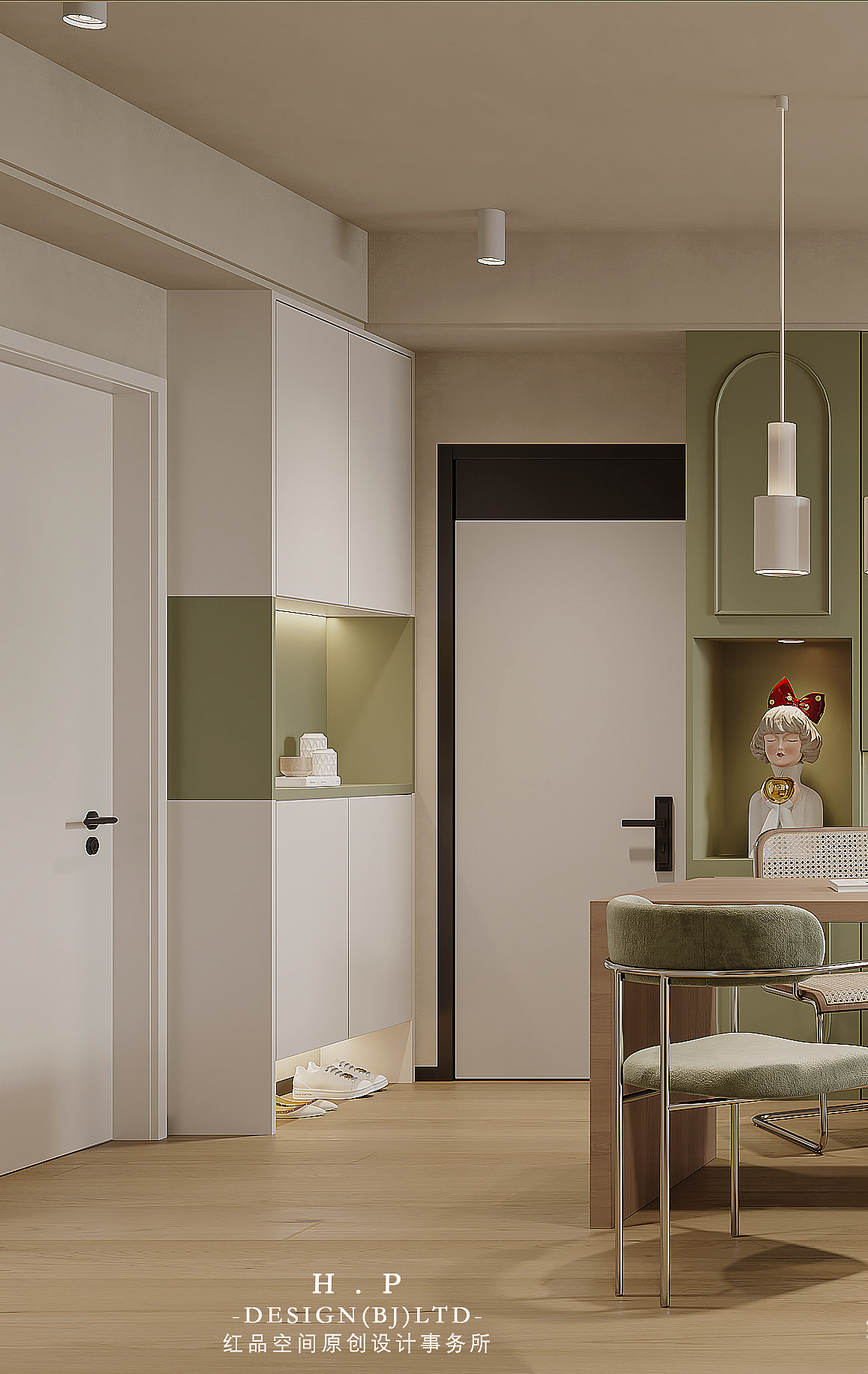 玄关:
<br>柜顶通顶无留空,不容易聚集灰尘,方便打扫。<br><br>留开放格,用来放钥匙等出门常用的物件,镶嵌感应灯带,使业主一回家就能感受到家的温馨。<br><br>底部留空用于换鞋,可摆放常穿的鞋子和家具拖鞋。