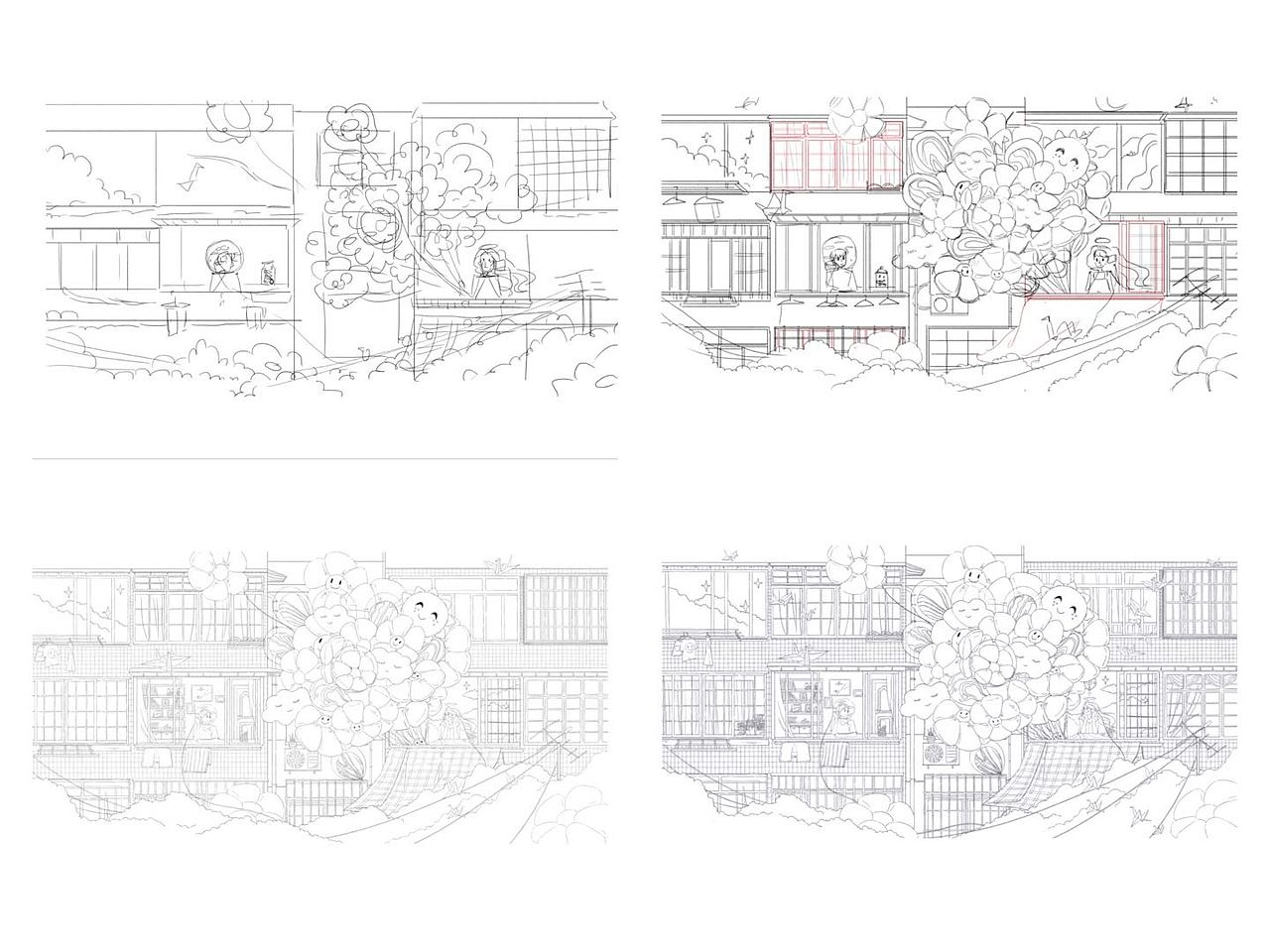 2.随着线稿的深入,途中便有了新的想法,同层的男女互相对视倾诉,与画面有了牵绊,便多了故事性,一步一步的丰富、完善下去。