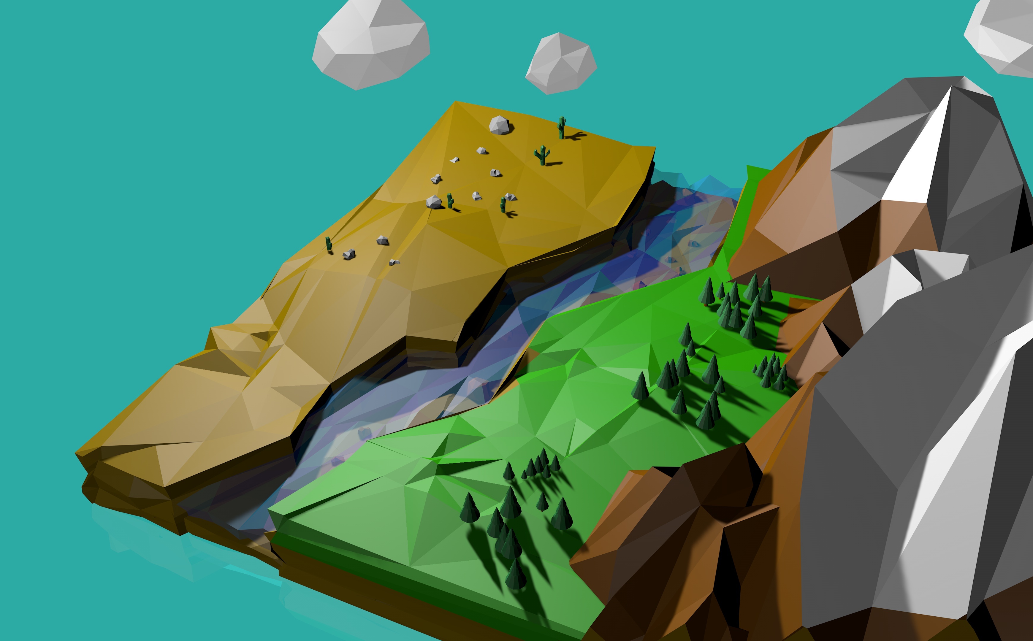 low poly山丘森林沙漠地形剖面c4d 小格子