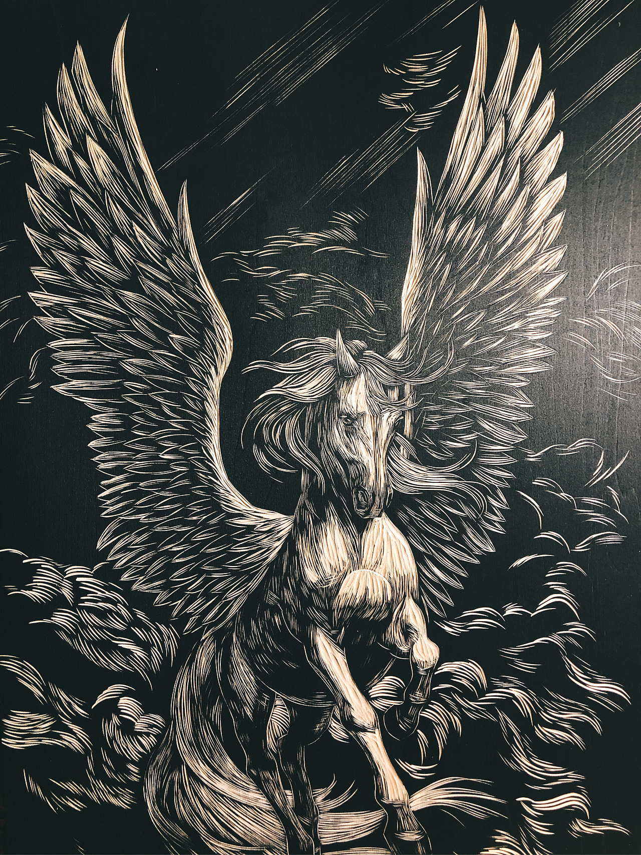 手工雕刻黑白木刻版画飞马