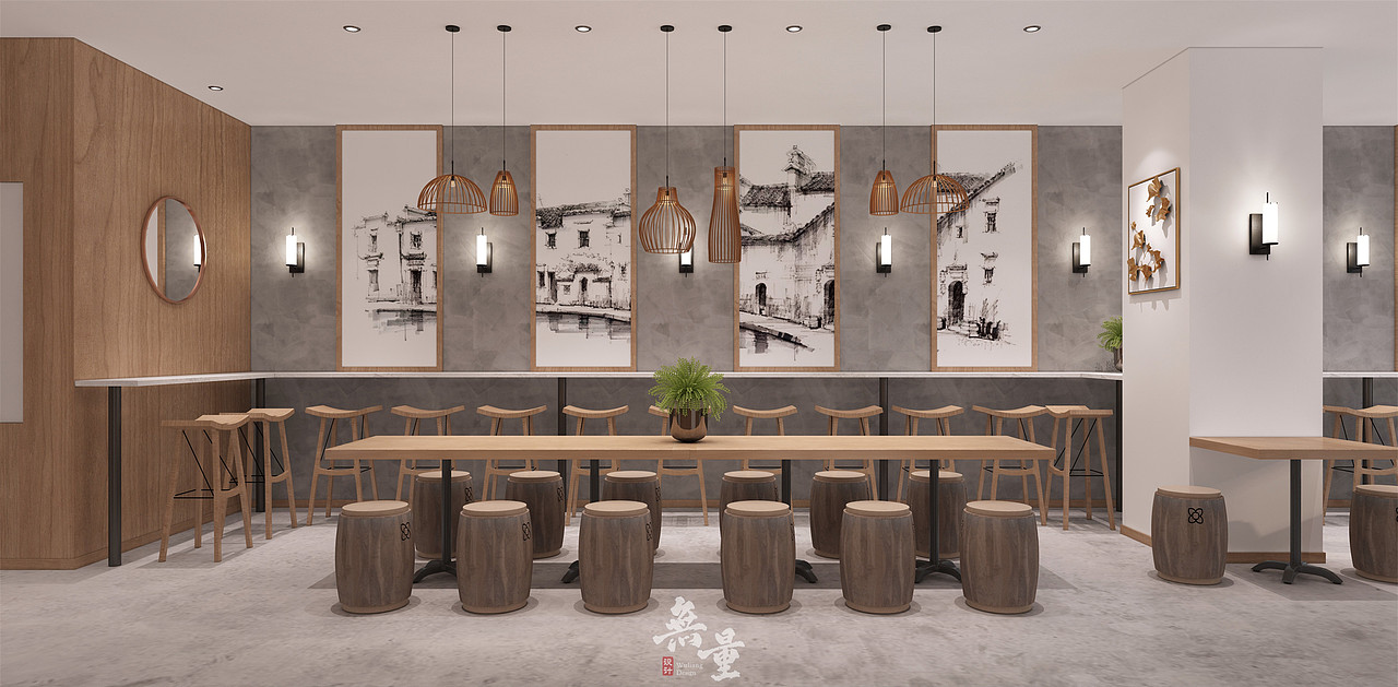 该区域紧接着墙壁区的坐席,加之一张较大的餐桌用以满足用餐数量较多的顾客,满足他们在一起面对面的聚餐需求,完美的利用了整个餐饮空间。