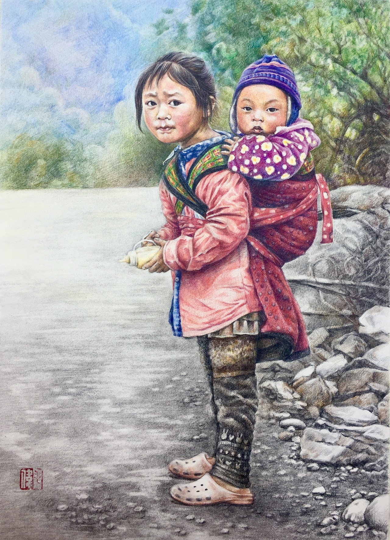 彩铅凉山小姐弟