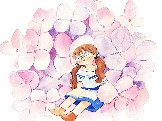 花间少女水彩插画