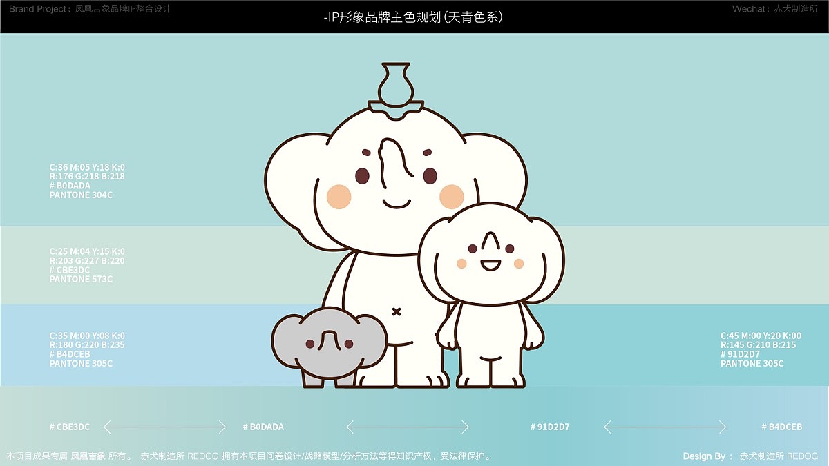 作为品牌的主色不仅仅要讲究逻辑,还得考虑使用的状态,这里看到把三个角色放在色系上也是比较突显且协调的,只有这样的既符合“合理性”同样也“好用”的设计才是有效的设计,值得持续投资的设计;
<br>在确定这个天青色之后,赤犬制作所和凤凰吉象都在相互鼓舞,这个具有独特的意义和东方审美的天青色系,将是吉象家族的肩上的担子,凤凰吉象要把天青色的审美与内涵带给更多热爱东方传统文化的受众;