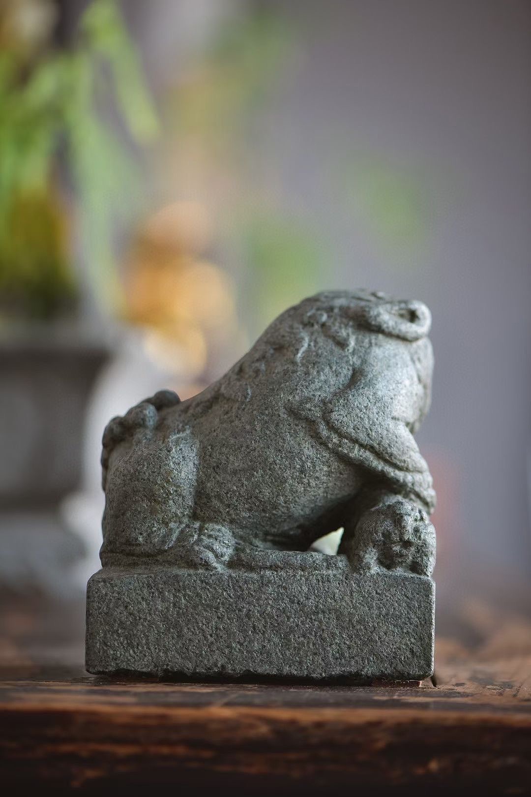 绿豆青石|案上对狮