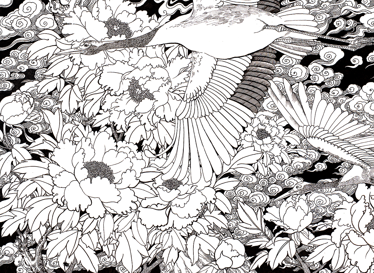 钢笔插画-仙翁九鹤祝寿图