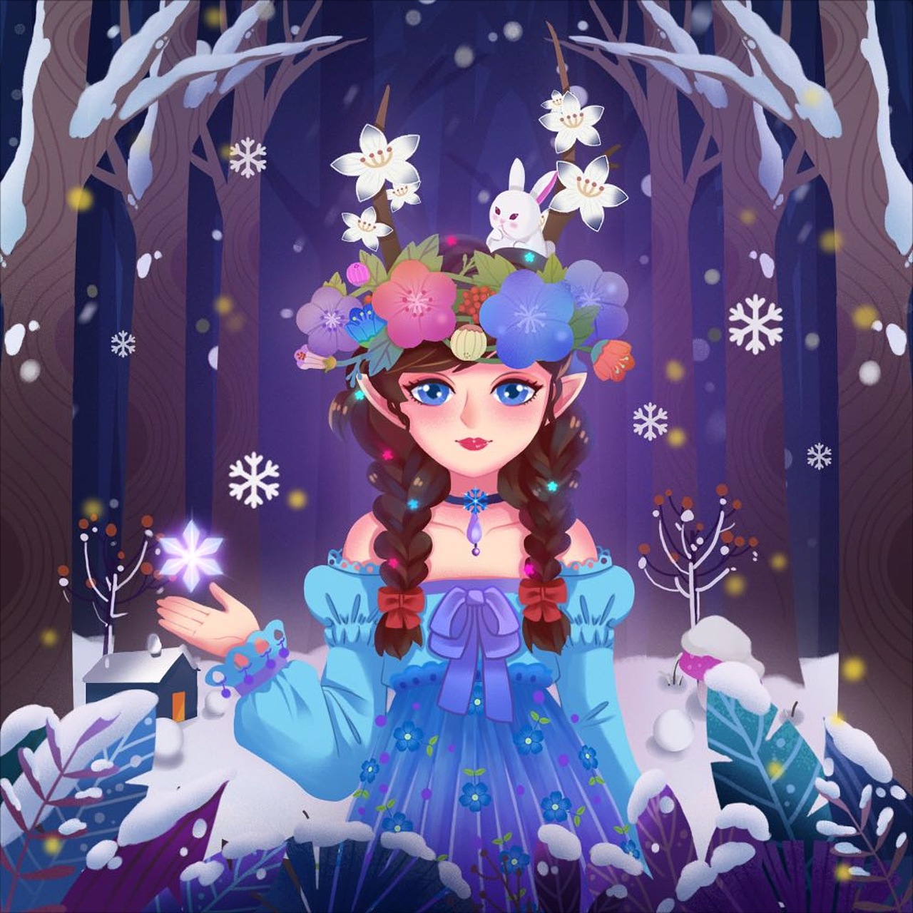 森系肖像插画,手绘场景插画