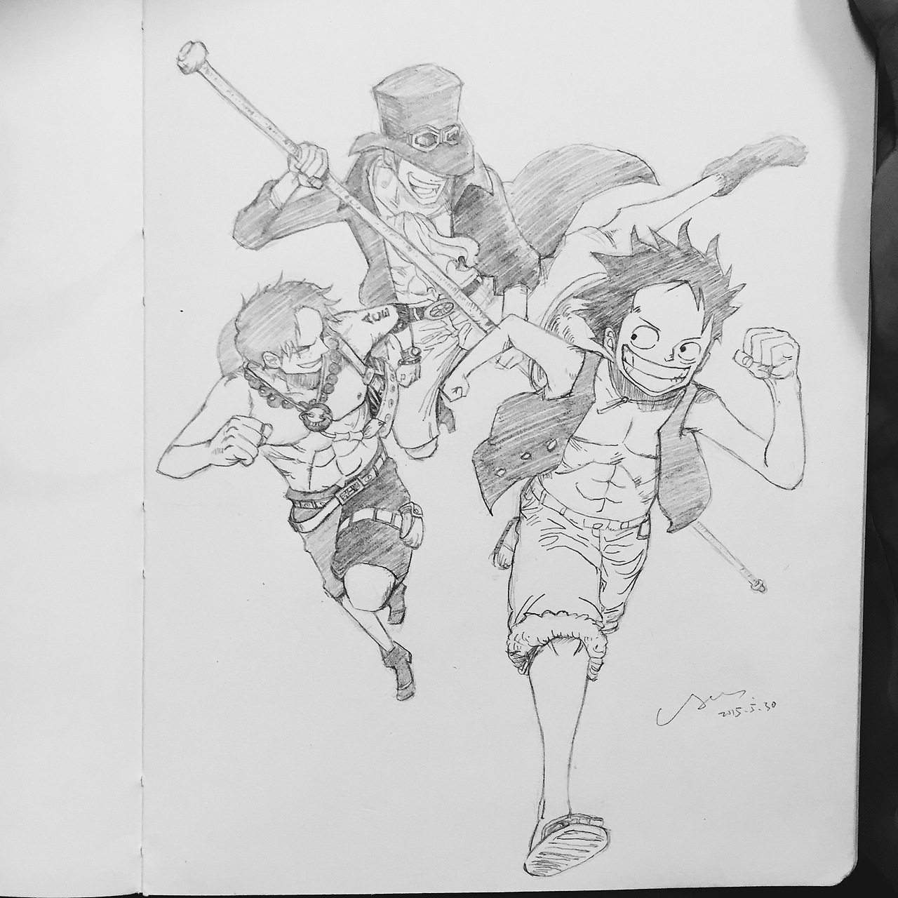 手绘海贼王路飞艾斯萨博三兄弟