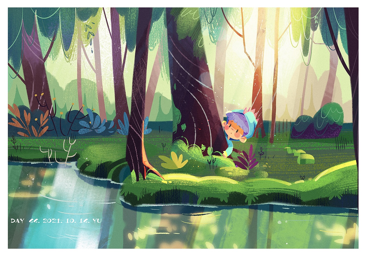 参加色彩打卡时,学习了一位厉害的画师Zeo Persico的画法,画了春夏秋冬小森林系列图