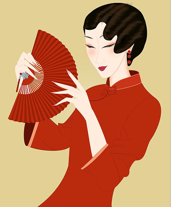 民国美女 古典美女 手绘美女 手绘插画 古装美女 旗袍女孩 拿扇子的