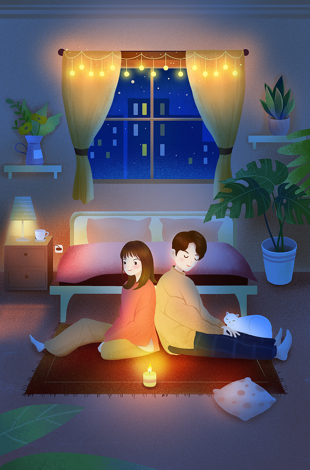 浪漫情侣人物场景插画白天变黑夜的效果表现