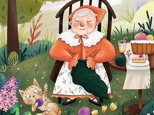 花园里的老奶奶和她的猫