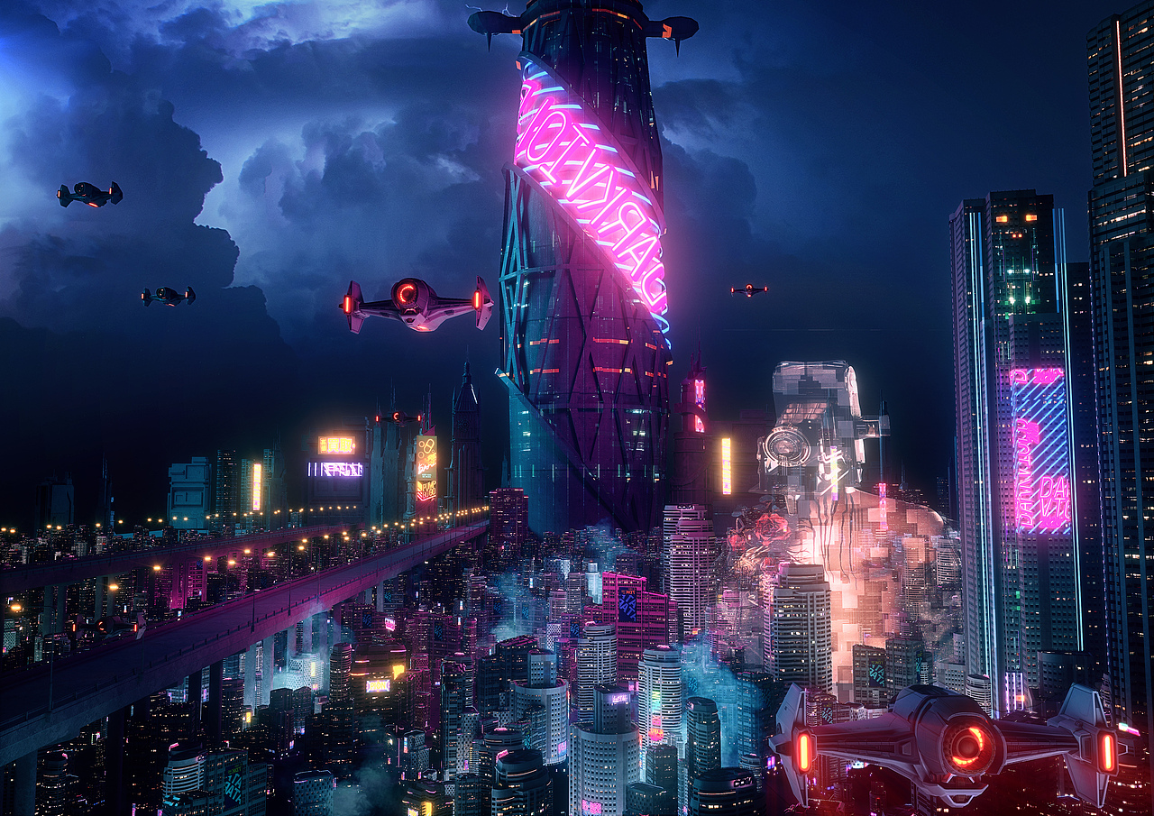 未来高楼林立,天空上车水马龙.熙来攘往的飞船,霓虹刺眼,灯光恍惚.