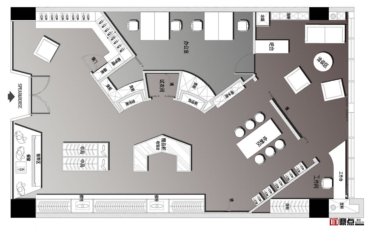平面图 br>平面布局上,设计师把收银台做在了中间,与精品售卖柜
