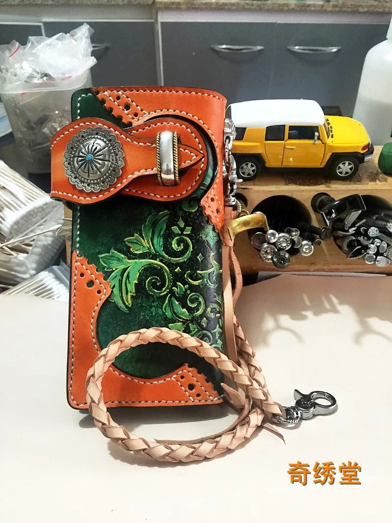 纯手工皮雕染色长夹