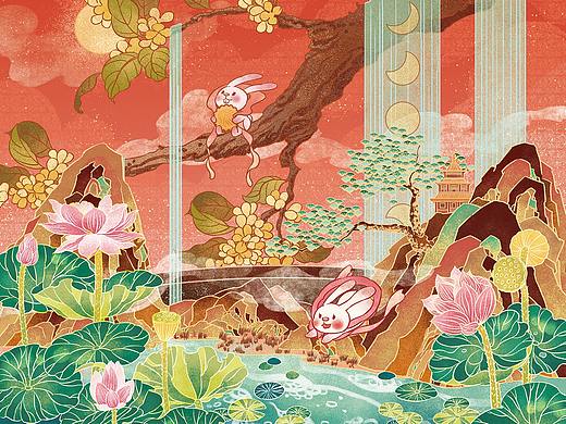 《海上生明月》-中国风中秋月饼礼盒包装插画
