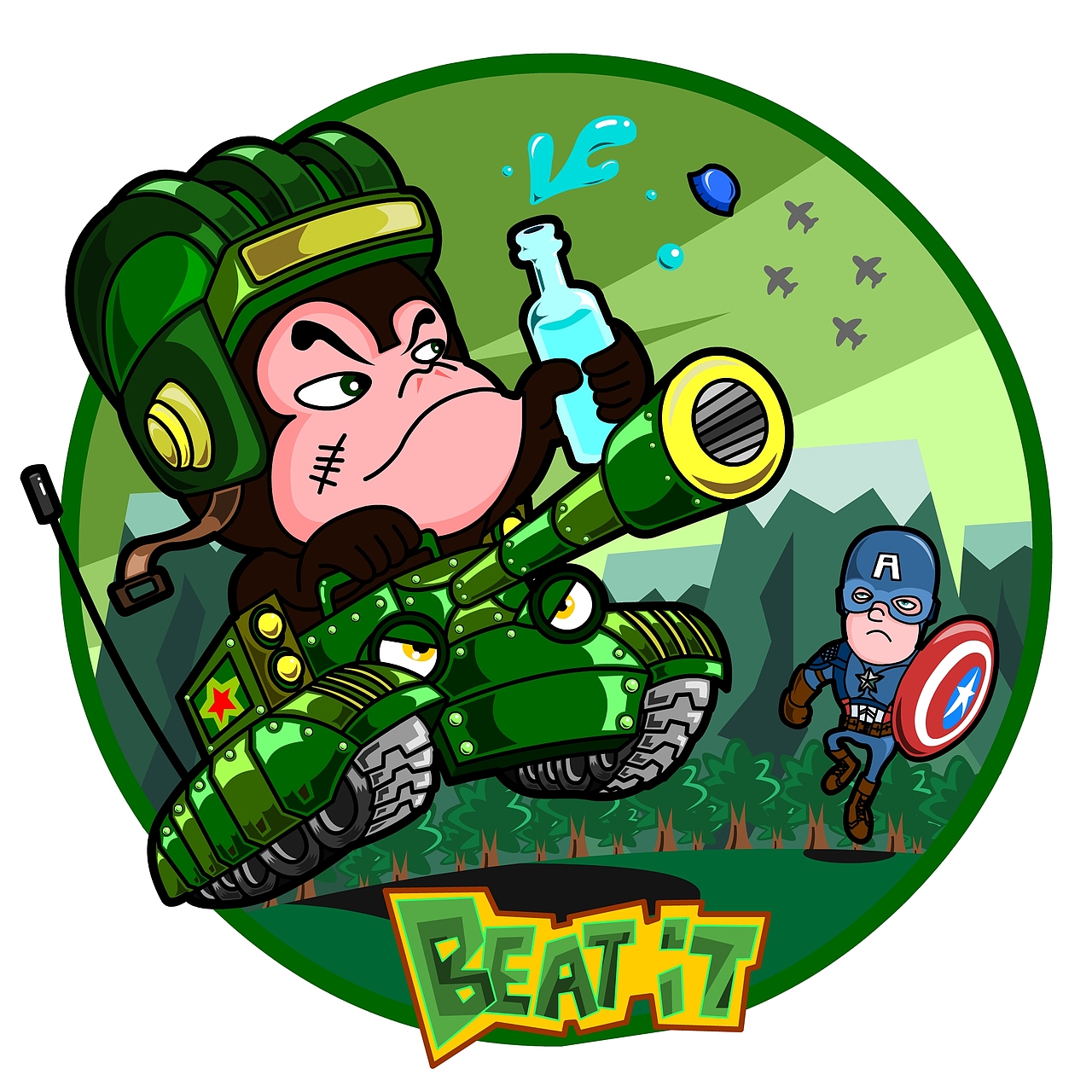 原创&nbsp;“Beat&nbsp;it&nbsp;Monkey”形象&nbsp;饮料、酒水等产品包装，广告及T恤&nbsp;