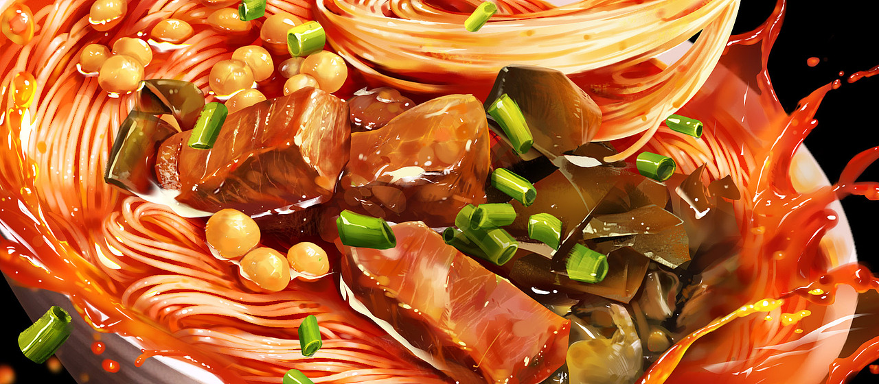 手绘美食- 李子柒旗舰店速食产品主KV插画