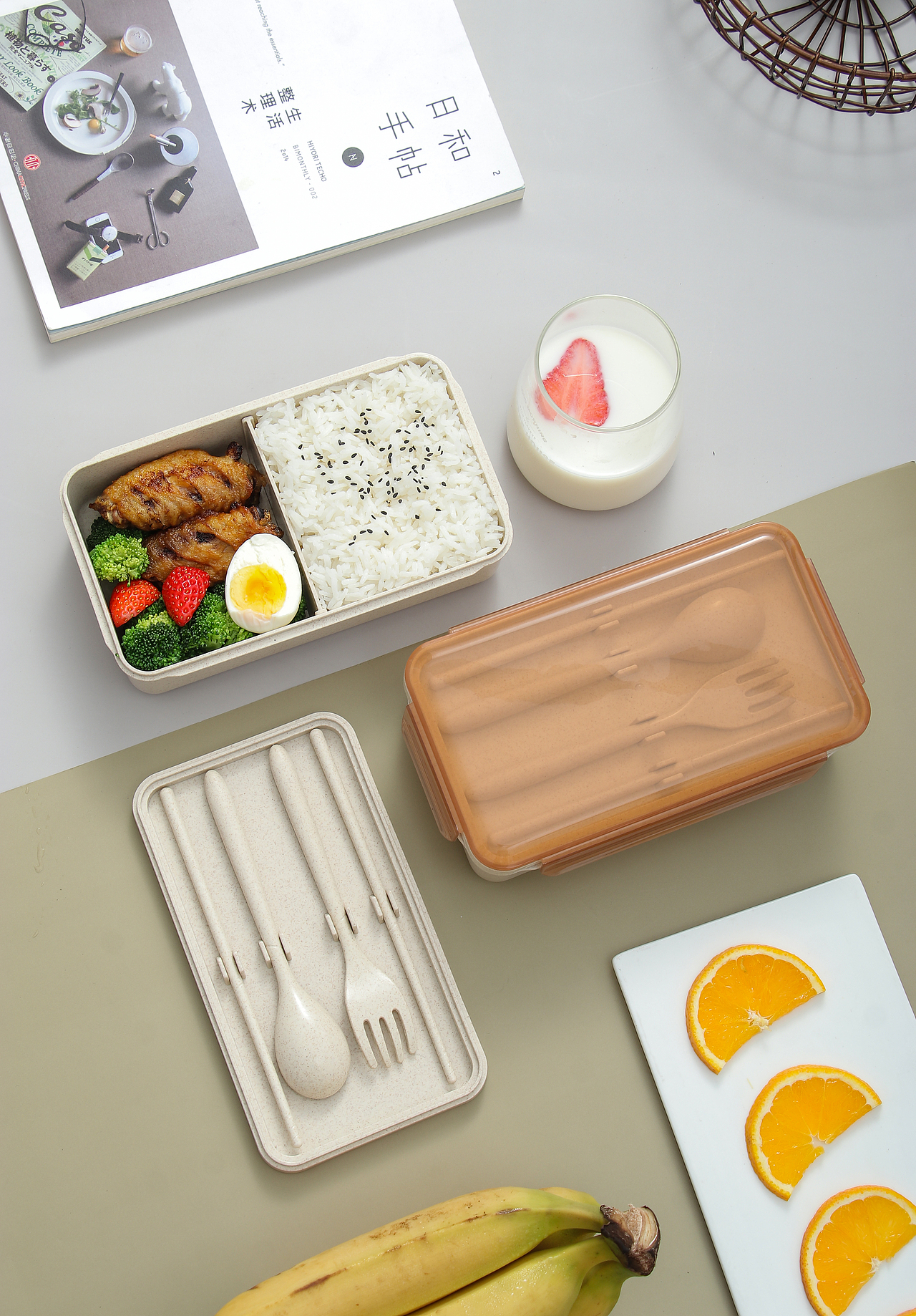 分隔饭盒拍摄 小麦饭盒套装 北欧风