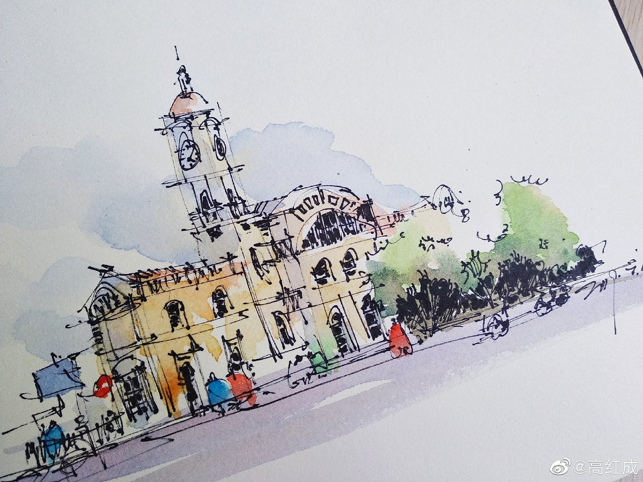 钢笔淡彩建筑风景速写