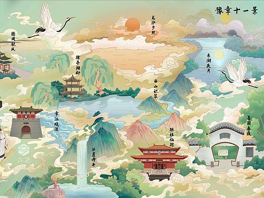 豫章十景原创插画国风国潮古风场景手绘插图地图