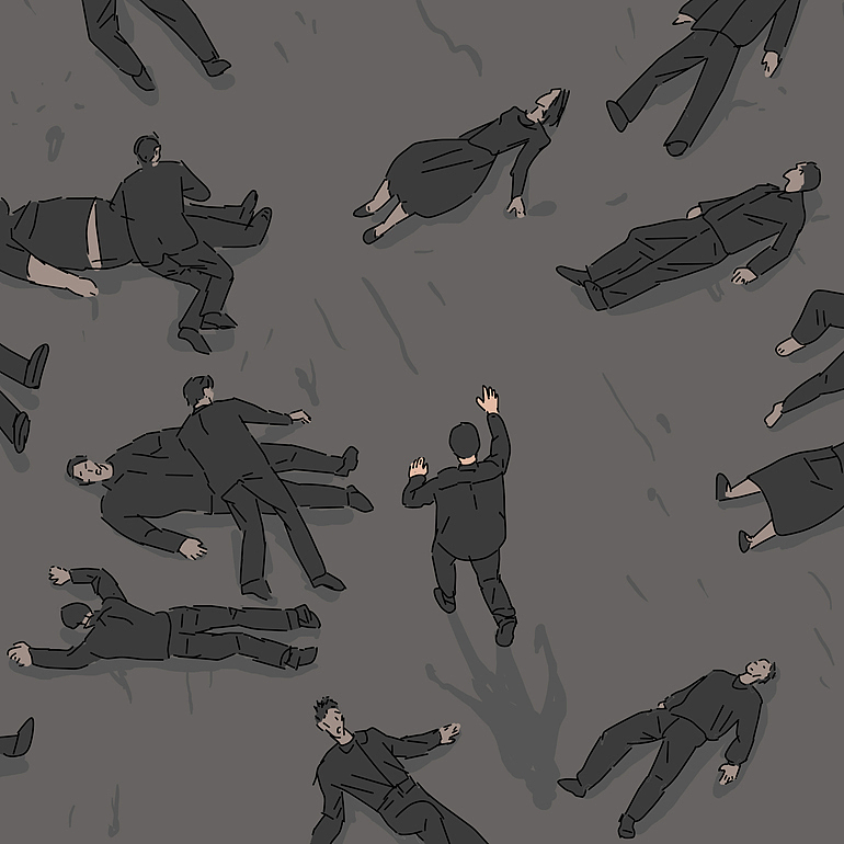 尸横遍野,但是人们仍然踏着同伴的尸体向前冲跑. br>