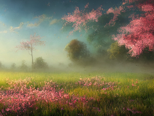 #AI創(chuàng)作實(shí)驗(yàn)室#鄉(xiāng)下清晨，櫻桃花開(kāi)了，青草破土而出（個(gè)人主頁(yè)-ZNjIzNjYzMjA=） - AI作品 - 站酷設(shè)計(jì)師加口茶原創(chuàng)素材 - 站酷ZCOOL