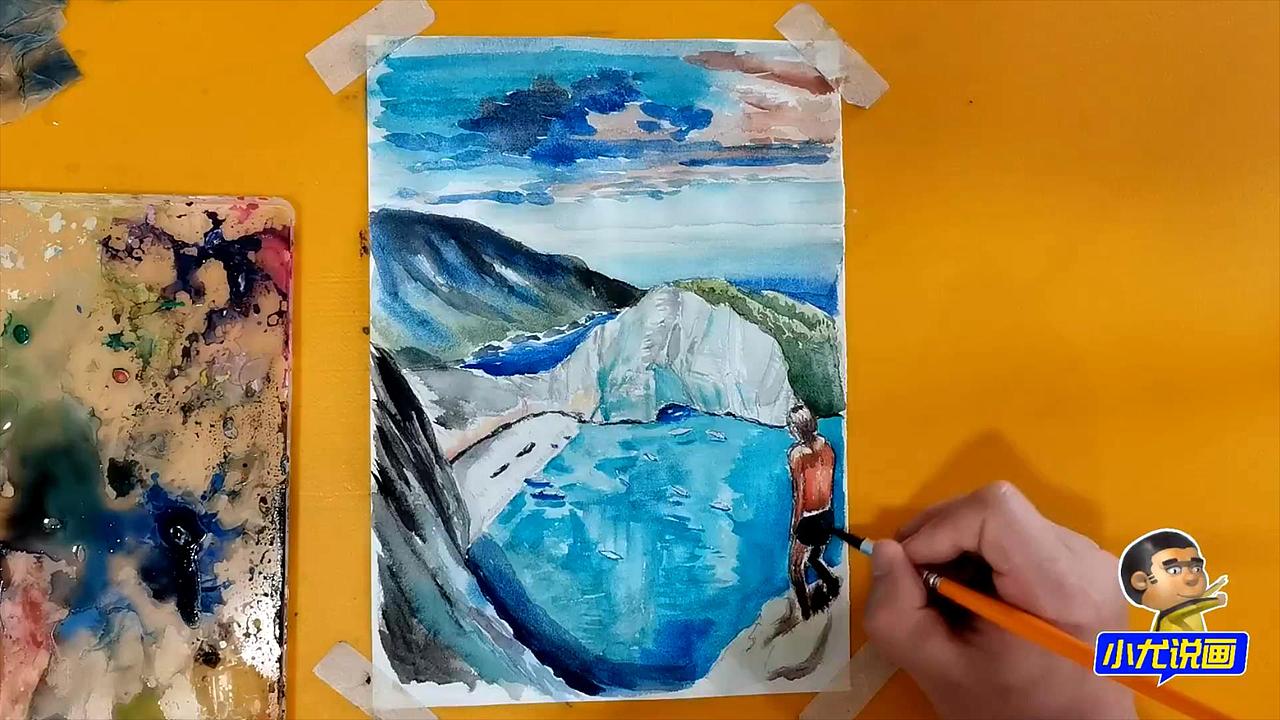 水彩画蓝宝石的海湾小岛-小尤说画
