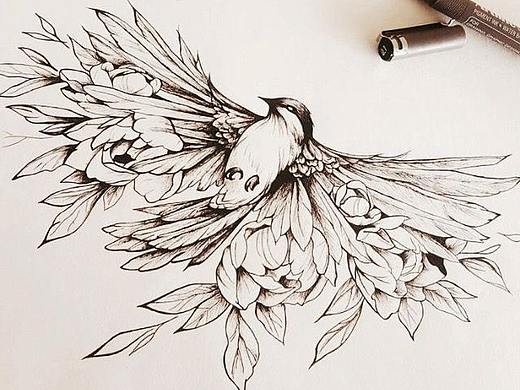 花鸟纹身手稿图案