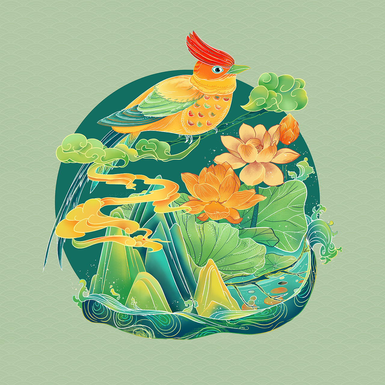 寿带鸟和青山绿水祥云的荷花池盆景（图ZMjY3MjY2MDgw） - 创作习作 - 站酷设计师周穎藝原创素材 - 站酷ZCOOL