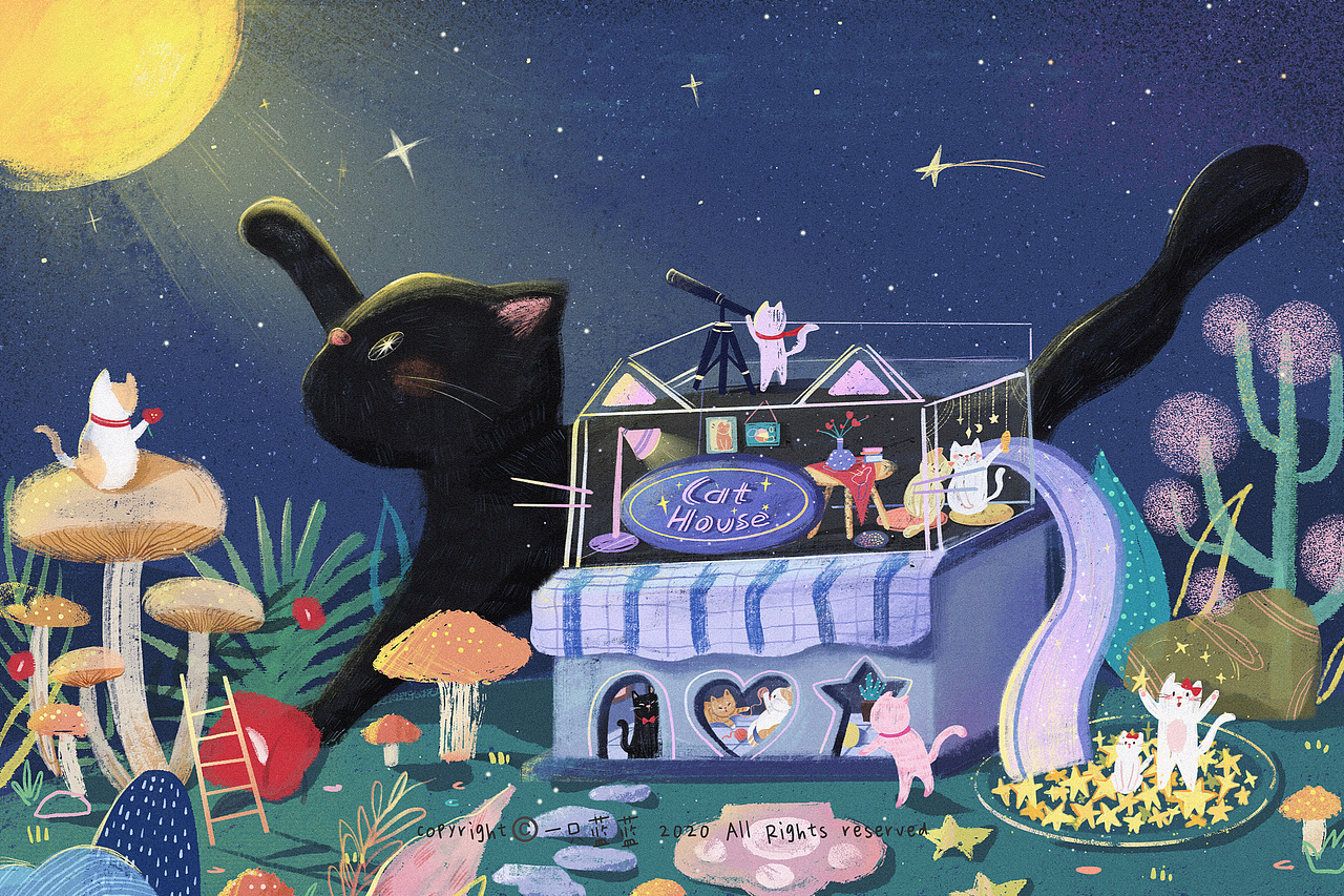 猫咪插画之豪宅夜晚版