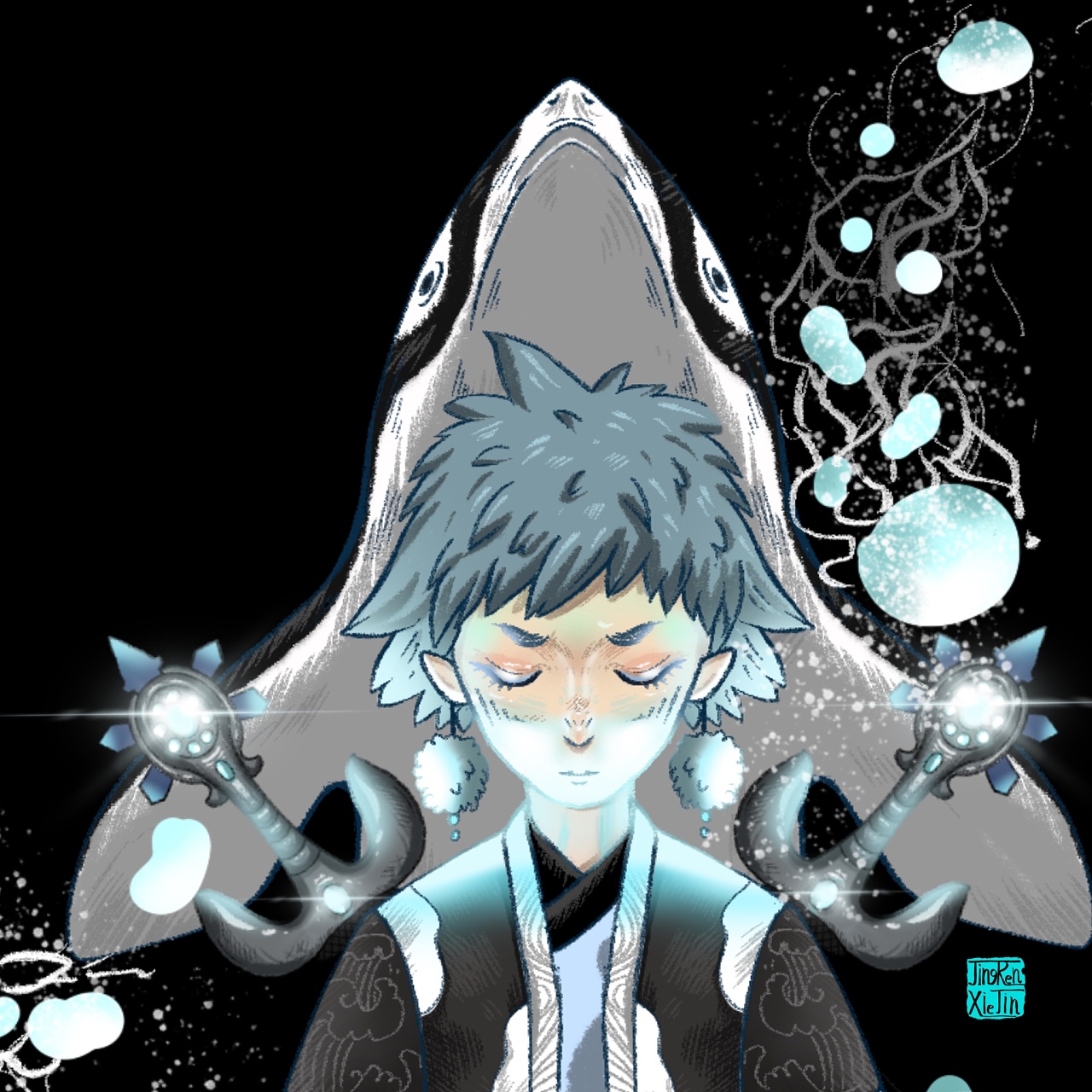 动物角色拟人化,目前画了四个角色:锦鲤(暂定,拟修改),黑猫,虎鲸和