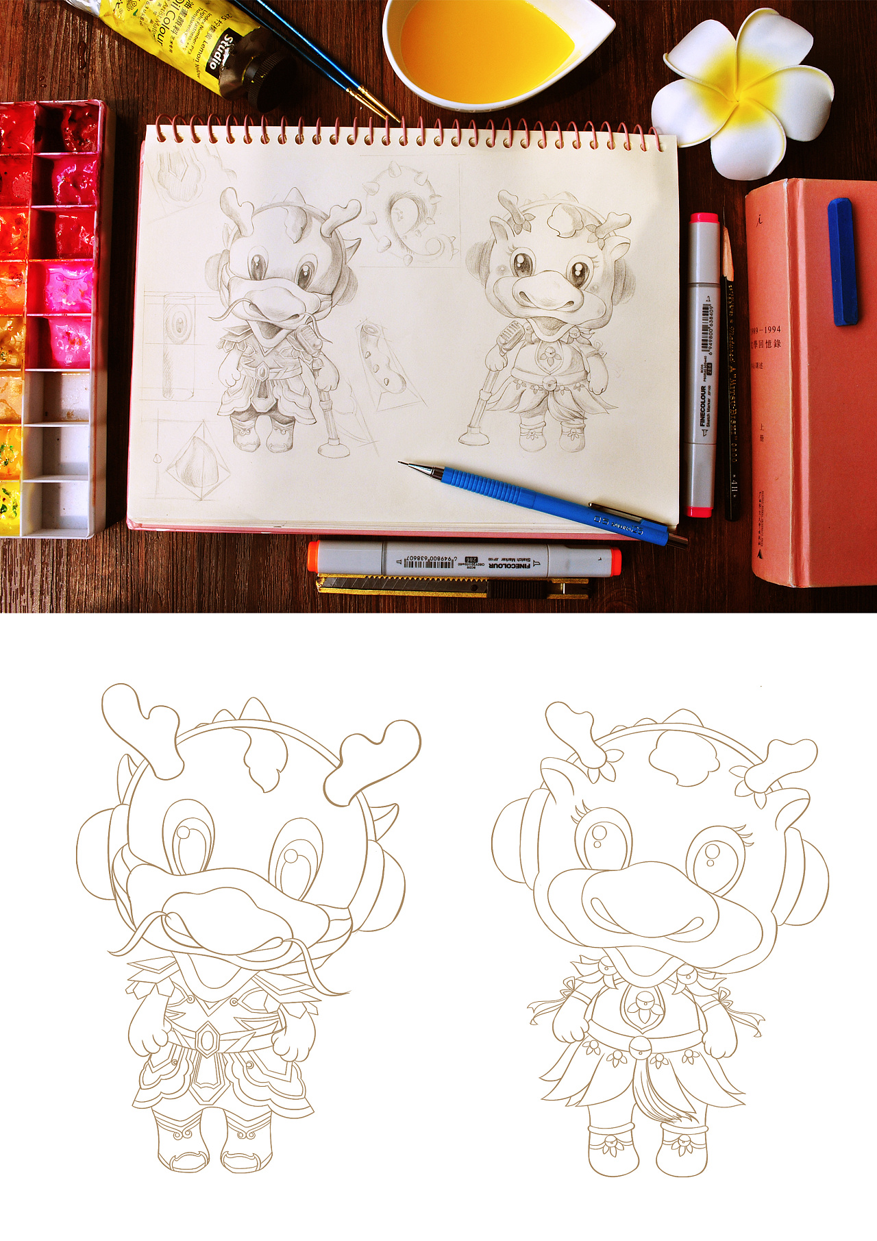 大型娱乐ktv公仔形象设计,以两条小金龙为