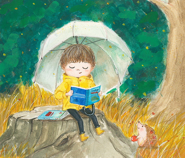 下着雨,我在伞下静静的看书-儿童水彩插画