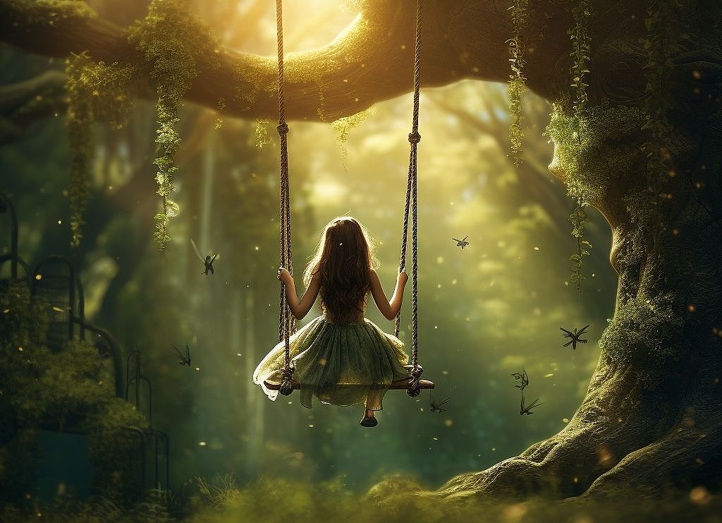 魔法森林里荡秋千的美丽少女